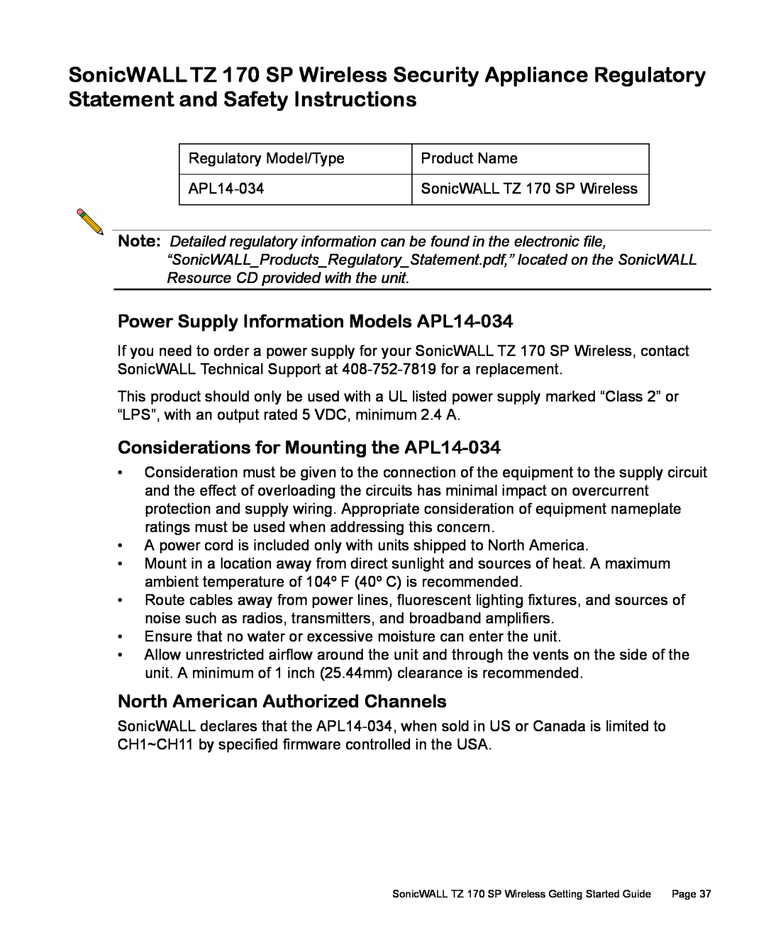 SonicWALL TZ 170 SP manual Power Supply Information Models APL14-034, Considerations for Mounting the APL14-034 