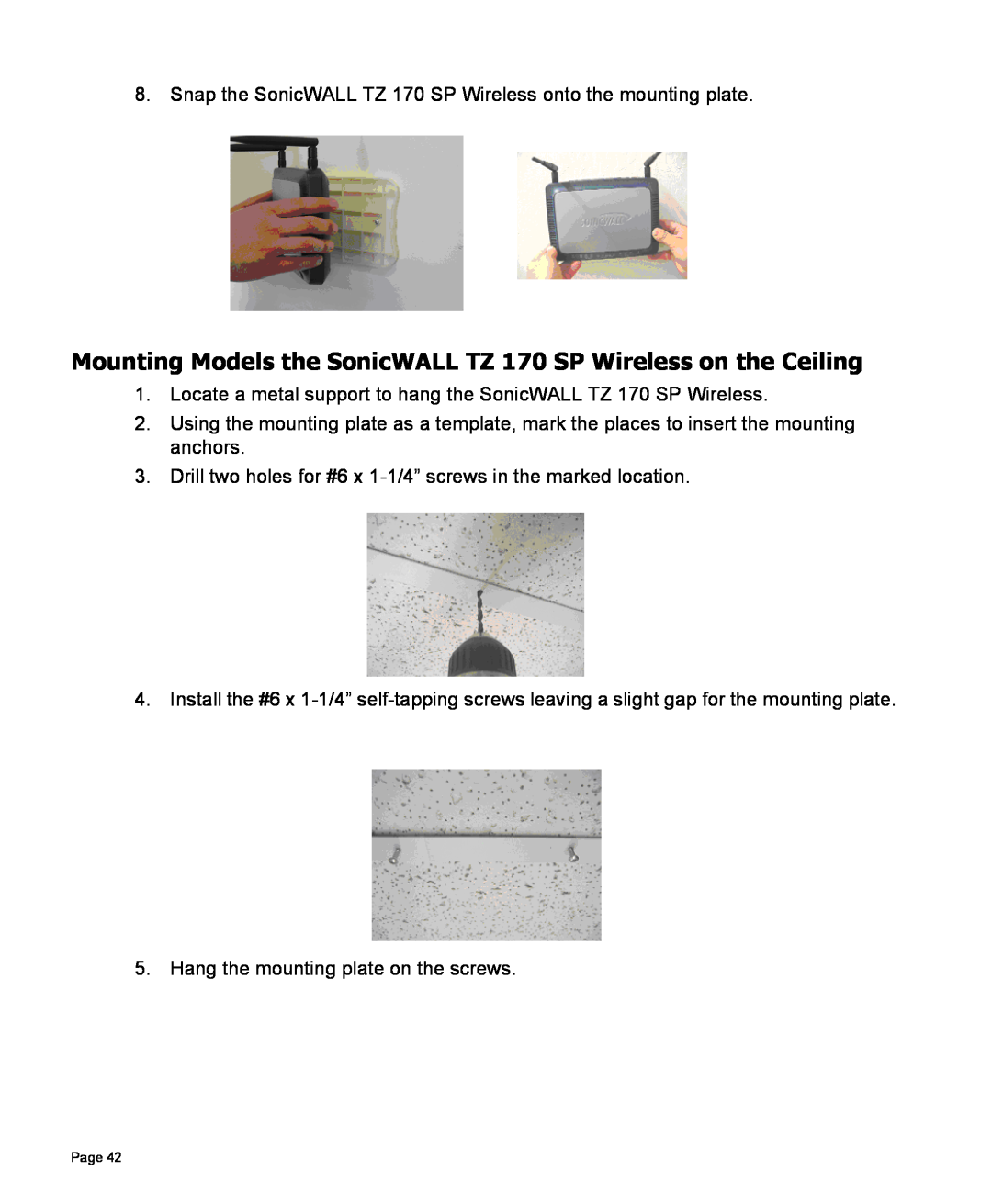 SonicWALL TZ 170 SP manual Hang the mounting plate on the screws 