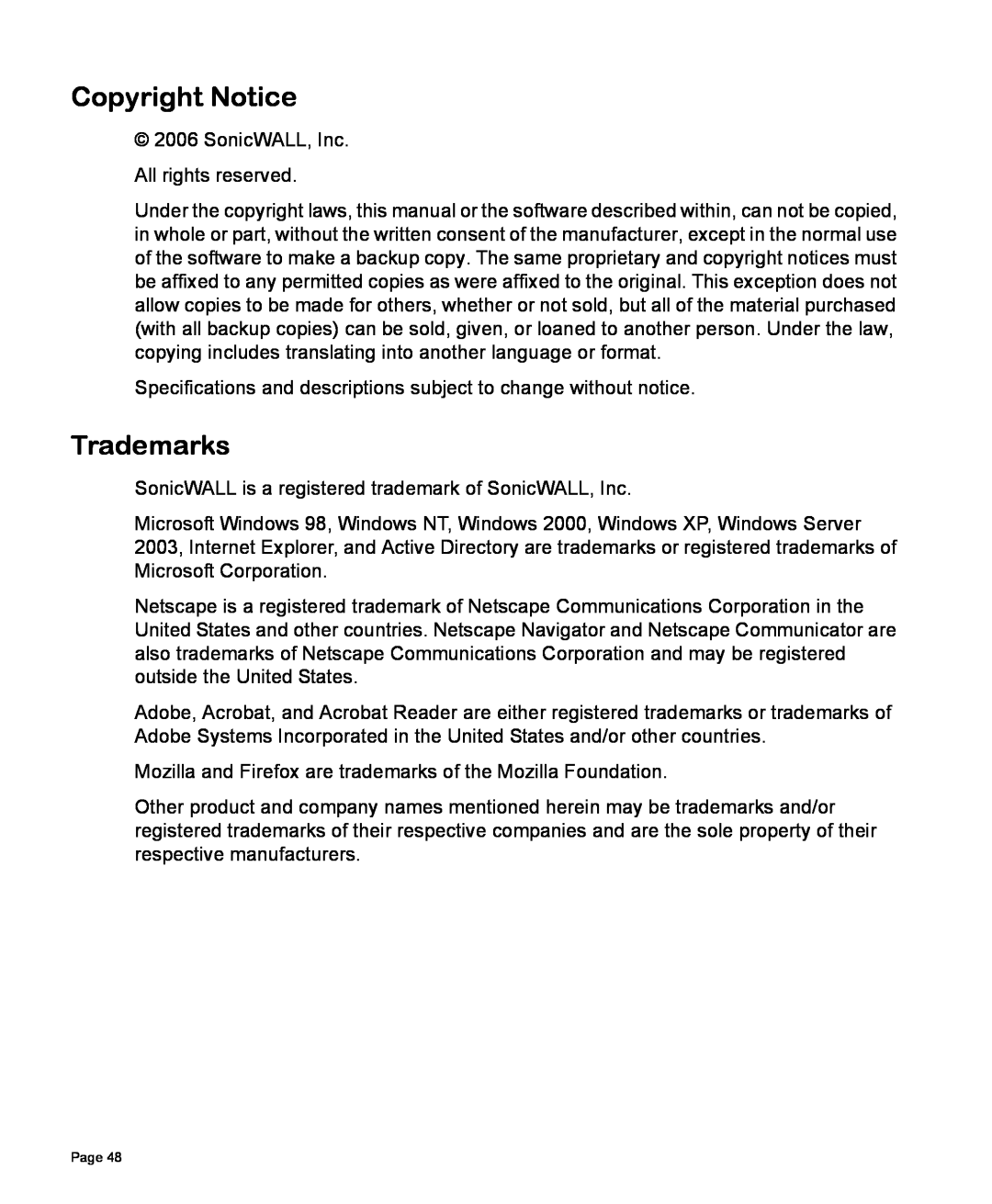 SonicWALL TZ 170 SP manual Copyright Notice, Trademarks 