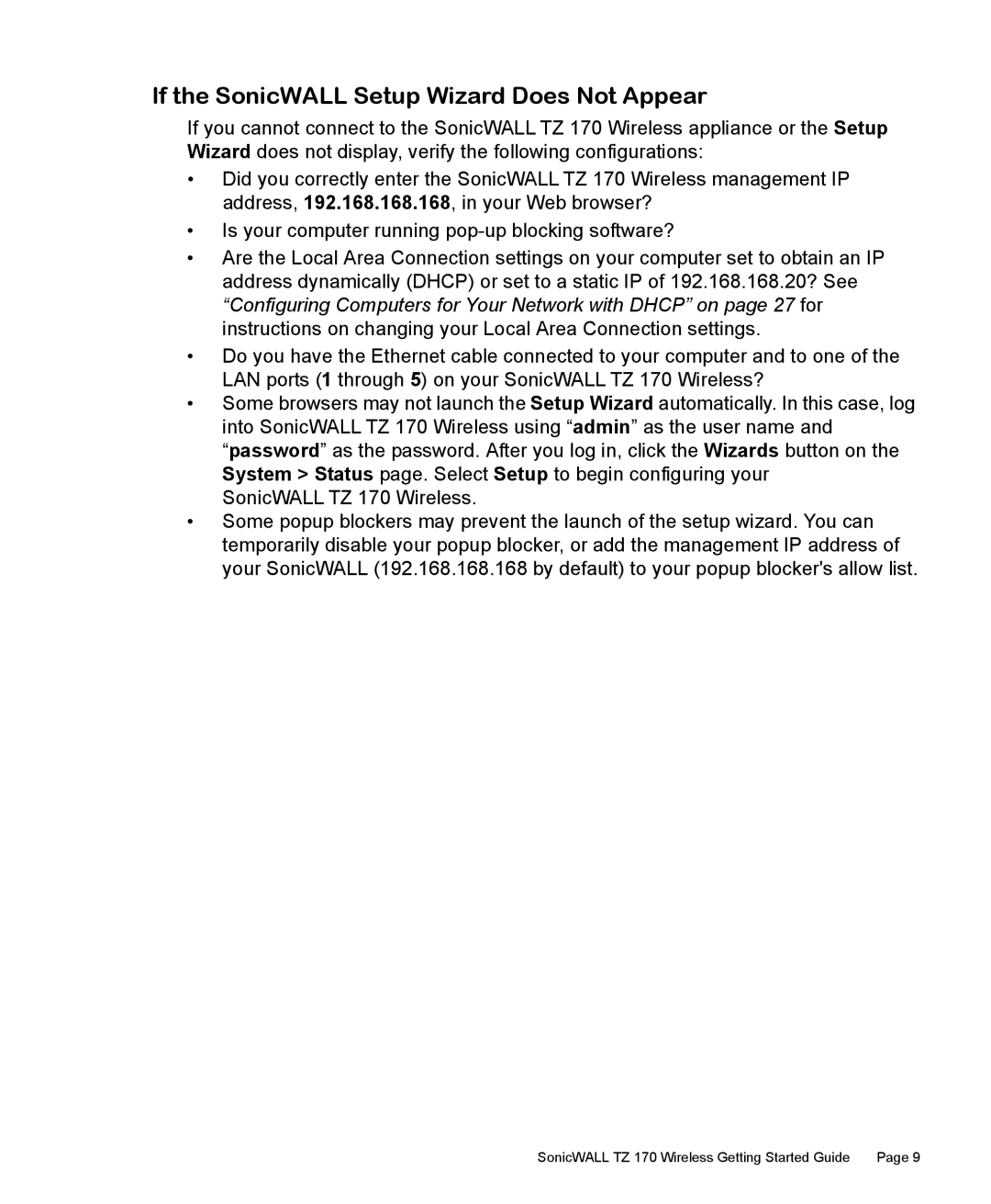 SonicWALL TZ 170 manual If the SonicWALL Setup Wizard Does Not Appear 