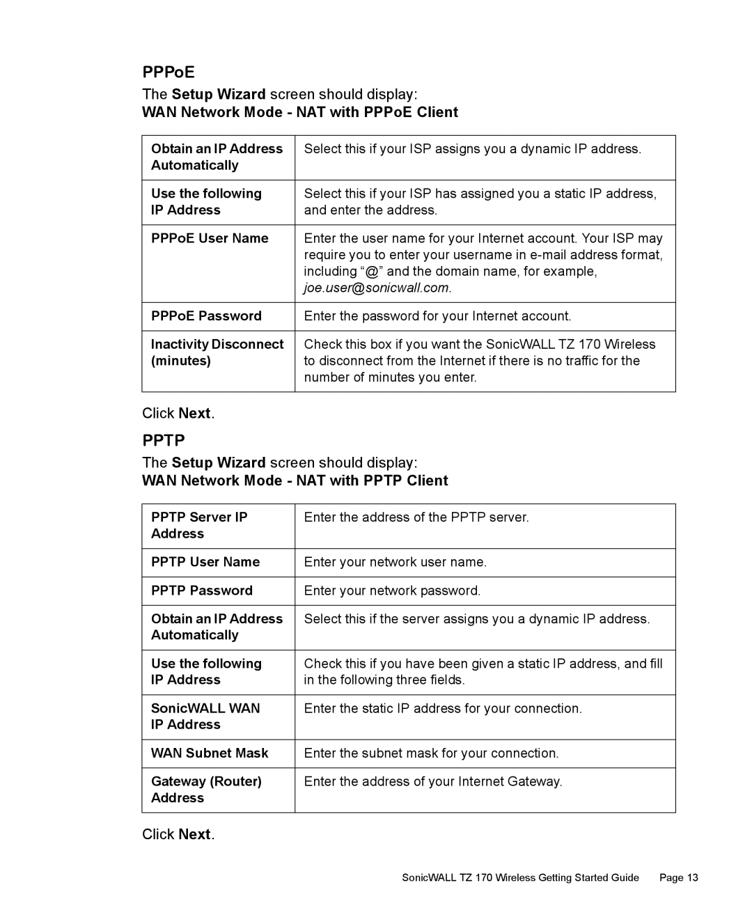 SonicWALL TZ 170 manual WAN Network Mode NAT with PPPoE Client, WAN Network Mode NAT with Pptp Client 