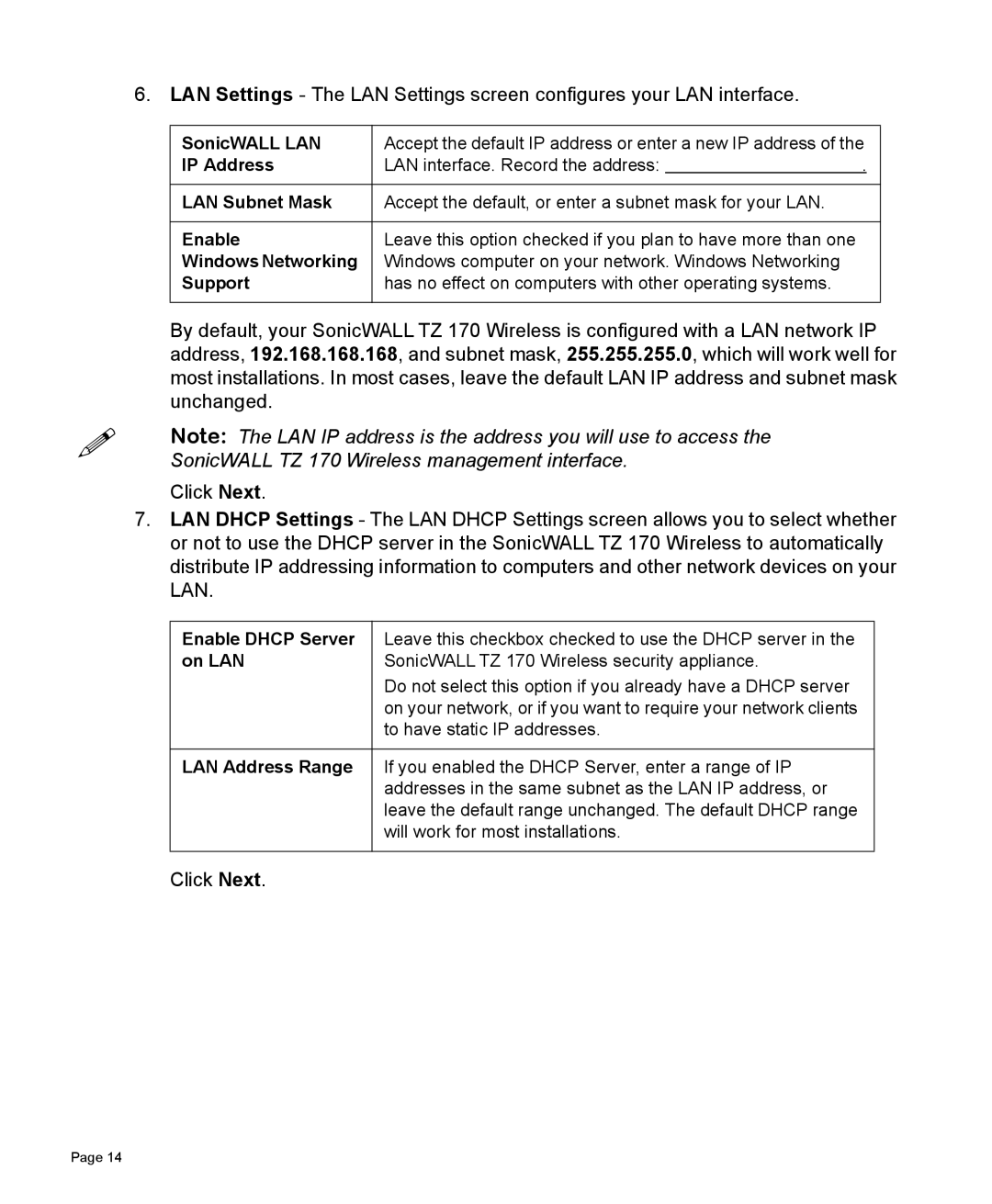 SonicWALL TZ 170 manual Enable Dhcp Server 