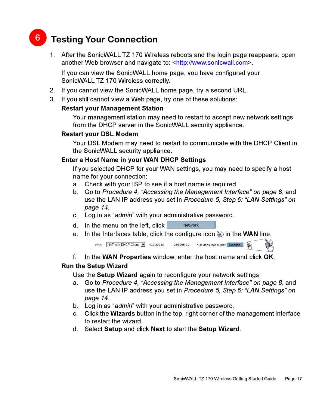 SonicWALL TZ 170 Testing Your Connection, Restart your Management Station, Restart your DSL Modem, Run the Setup Wizard 