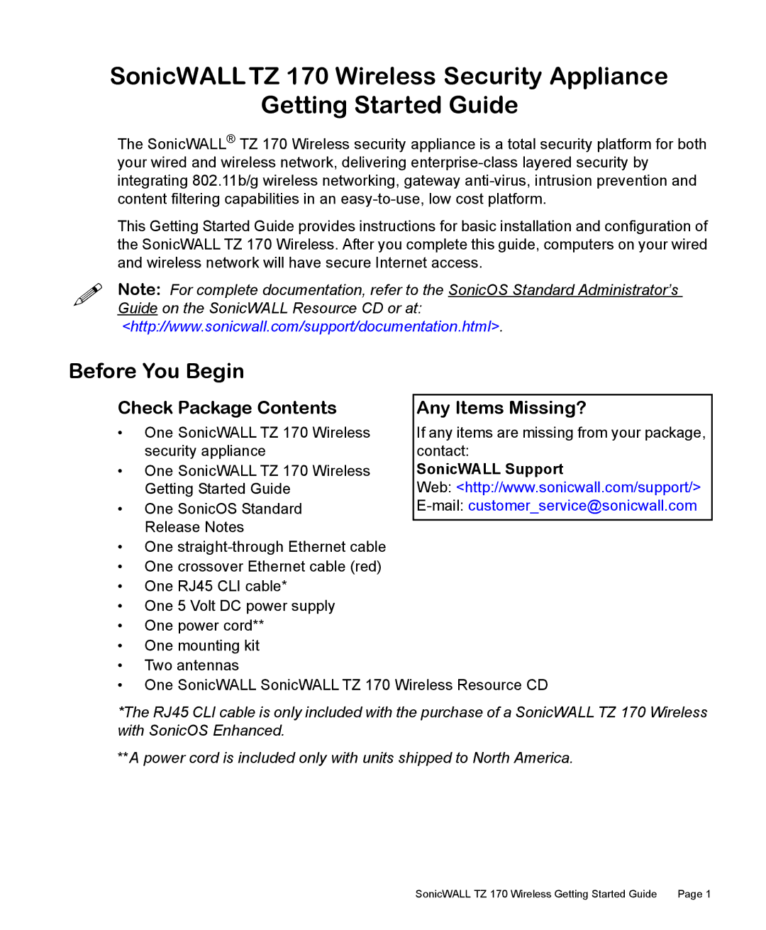 SonicWALL TZ 170 manual Before You Begin, Check Package Contents, Any Items Missing? 