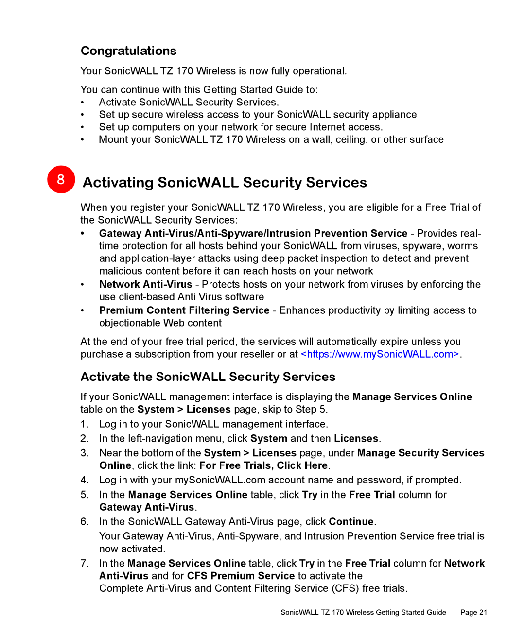 SonicWALL TZ 170 manual Activating SonicWALL Security Services, Congratulations, Activate the SonicWALL Security Services 