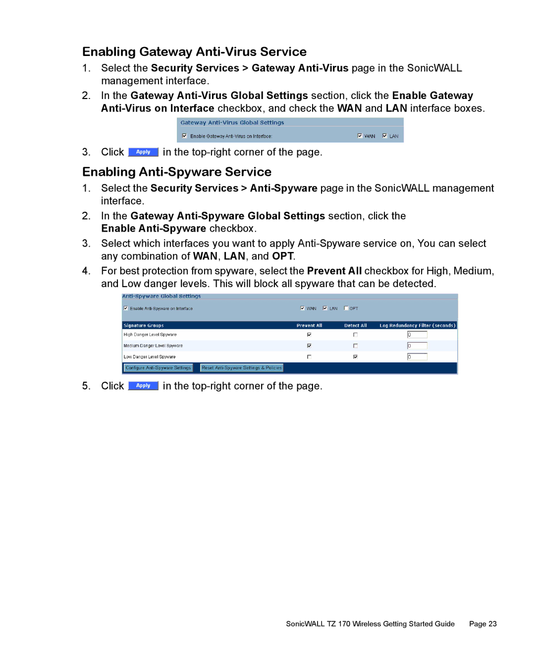 SonicWALL TZ 170 manual Enabling Gateway Anti-Virus Service, Enabling Anti-Spyware Service 