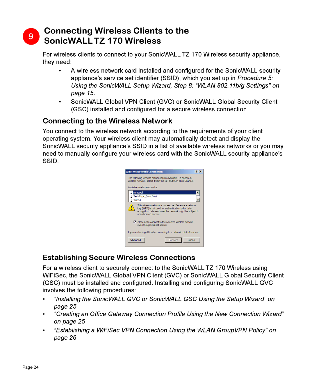 SonicWALL manual Connecting Wireless Clients to SonicWALLTZ 170 Wireless, Connecting to the Wireless Network 