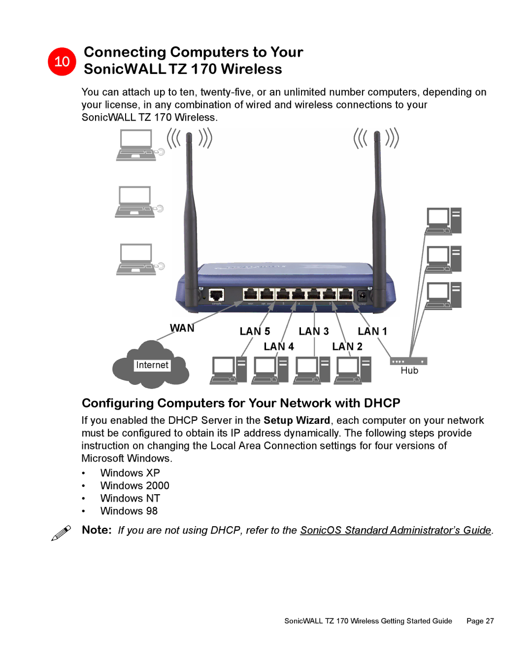 SonicWALL Connecting Computers to Your 10 SonicWALLTZ 170 Wireless, Configuring Computers for Your Network with Dhcp 