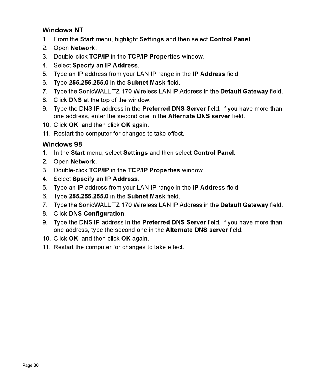 SonicWALL TZ 170 manual Windows NT, Select Specify an IP Address 