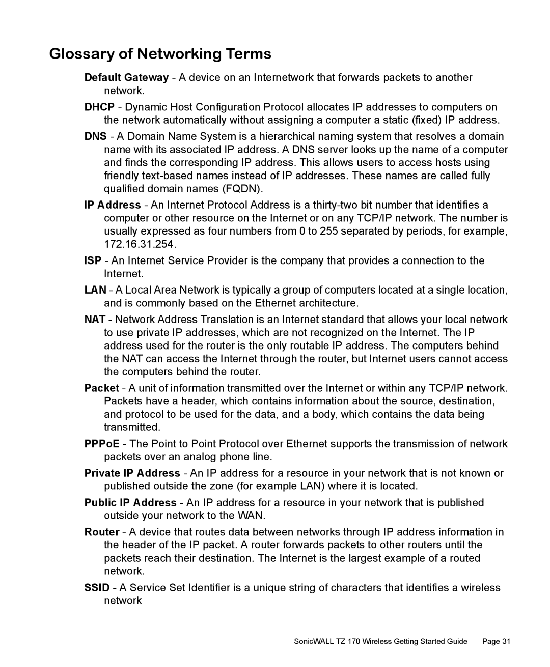 SonicWALL TZ 170 manual Glossary of Networking Terms 