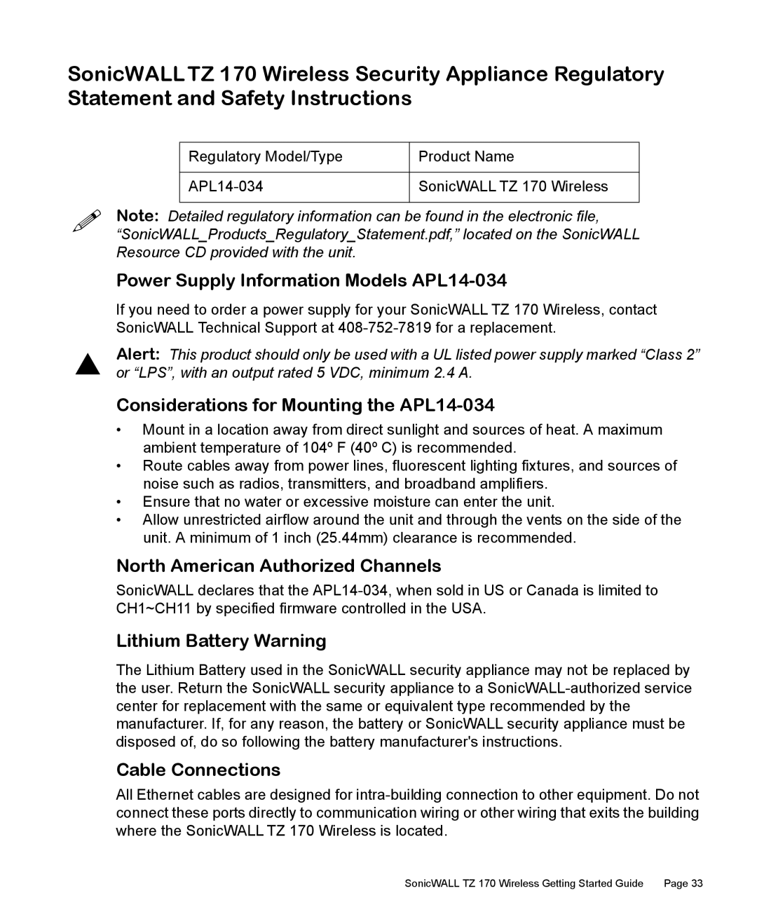 SonicWALL TZ 170 Power Supply Information Models APL14-034, Considerations for Mounting the APL14-034, Cable Connections 