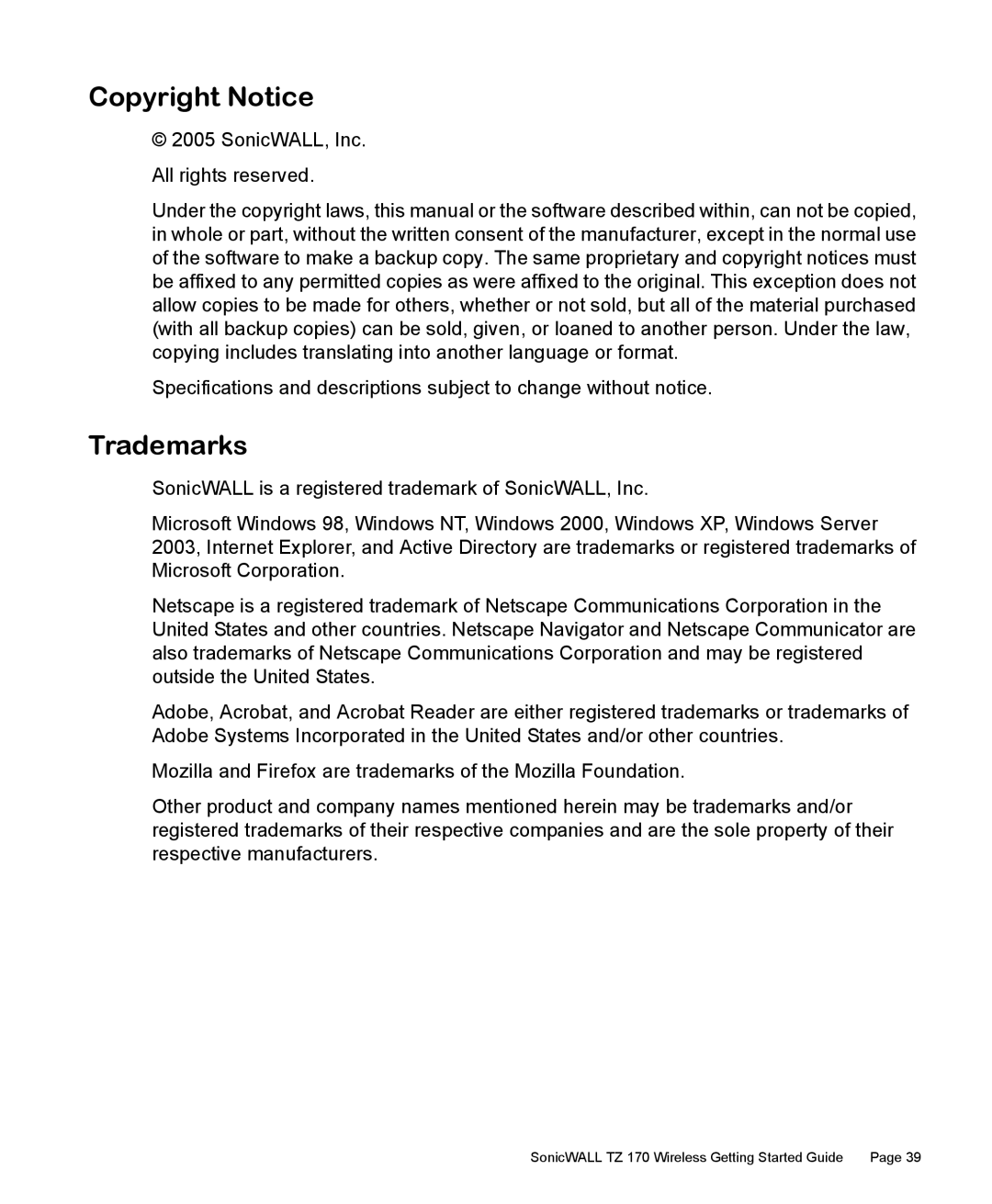 SonicWALL TZ 170 manual Copyright Notice, Trademarks 