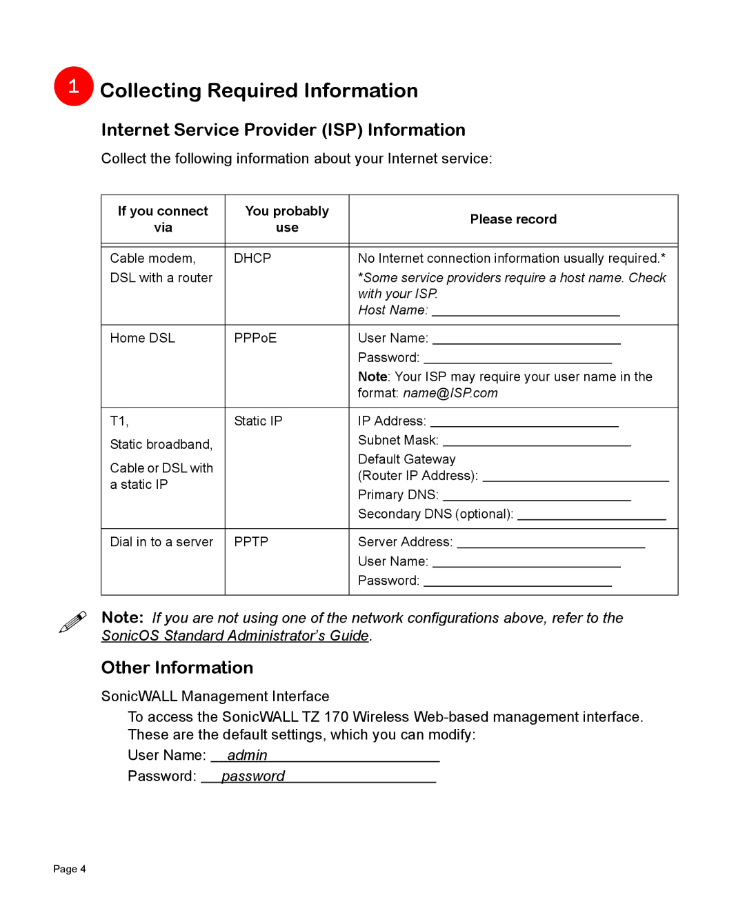 SonicWALL TZ 170 manual Collecting Required Information, Internet Service Provider ISP Information, Other Information 