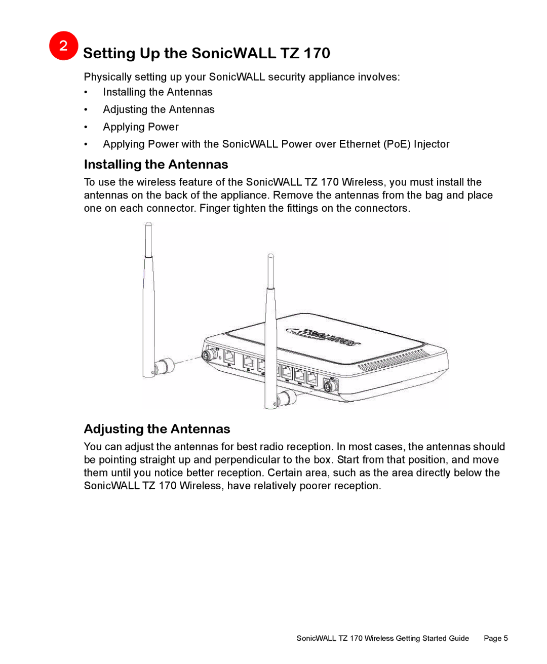 SonicWALL TZ 170 manual Setting Up the SonicWALL TZ, Installing the Antennas, Adjusting the Antennas 