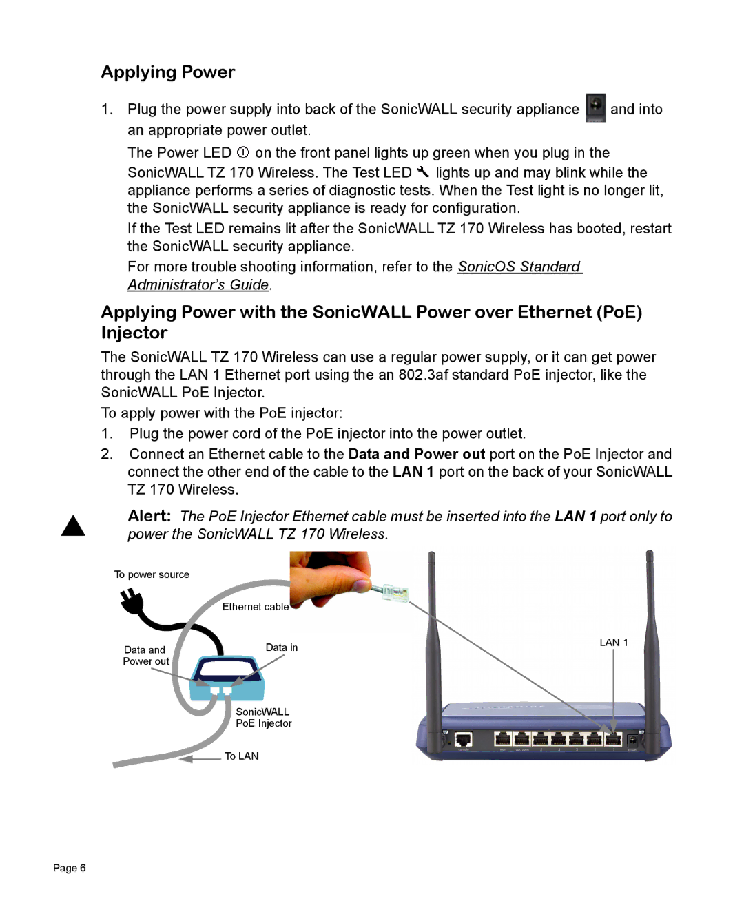 SonicWALL TZ 170 manual Applying Power 