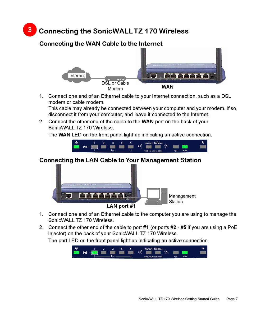 SonicWALL manual Connecting the SonicWALLTZ 170 Wireless, Connecting the WAN Cable to the Internet, LAN port #1 