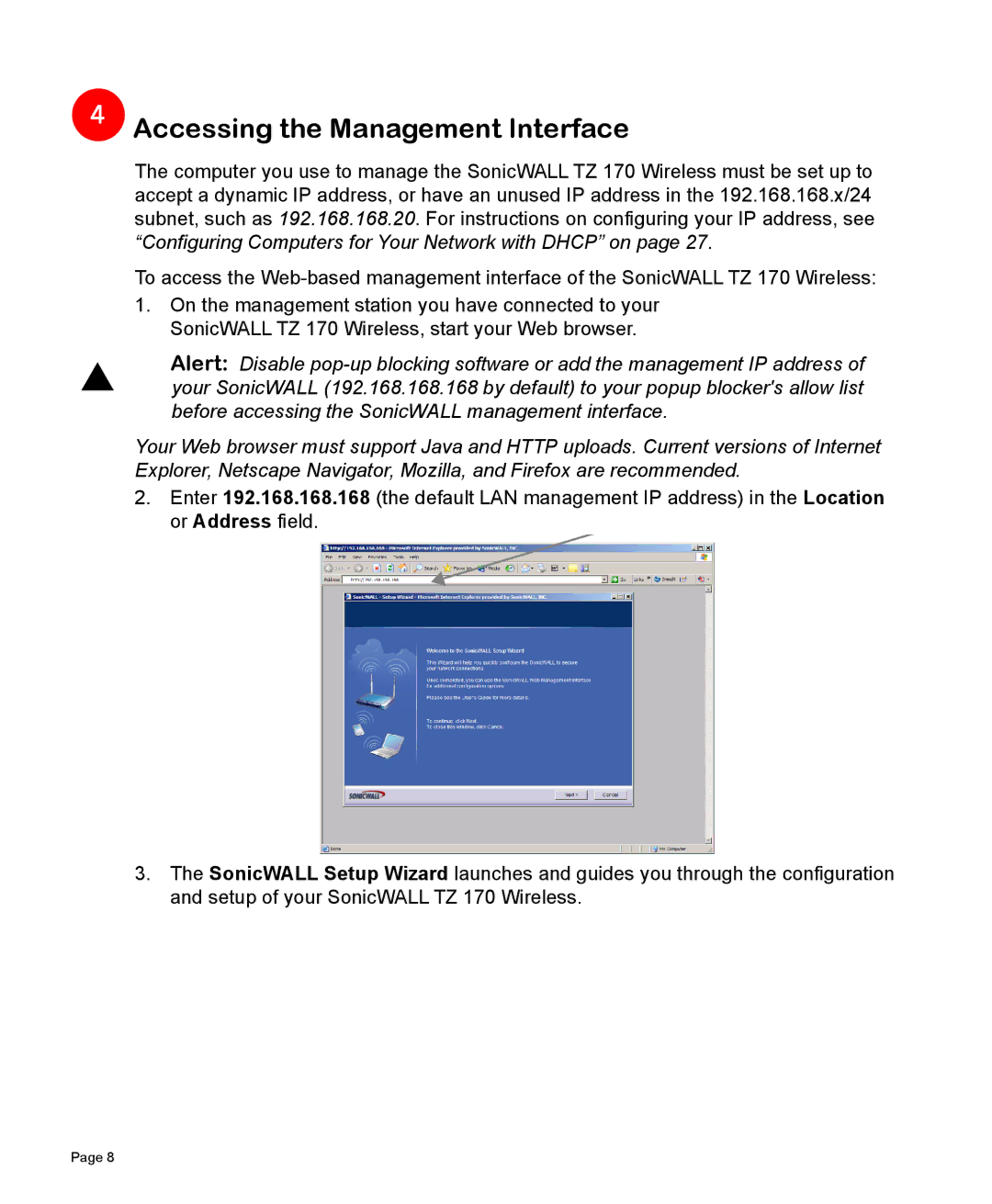 SonicWALL TZ 170 manual Accessing the Management Interface 