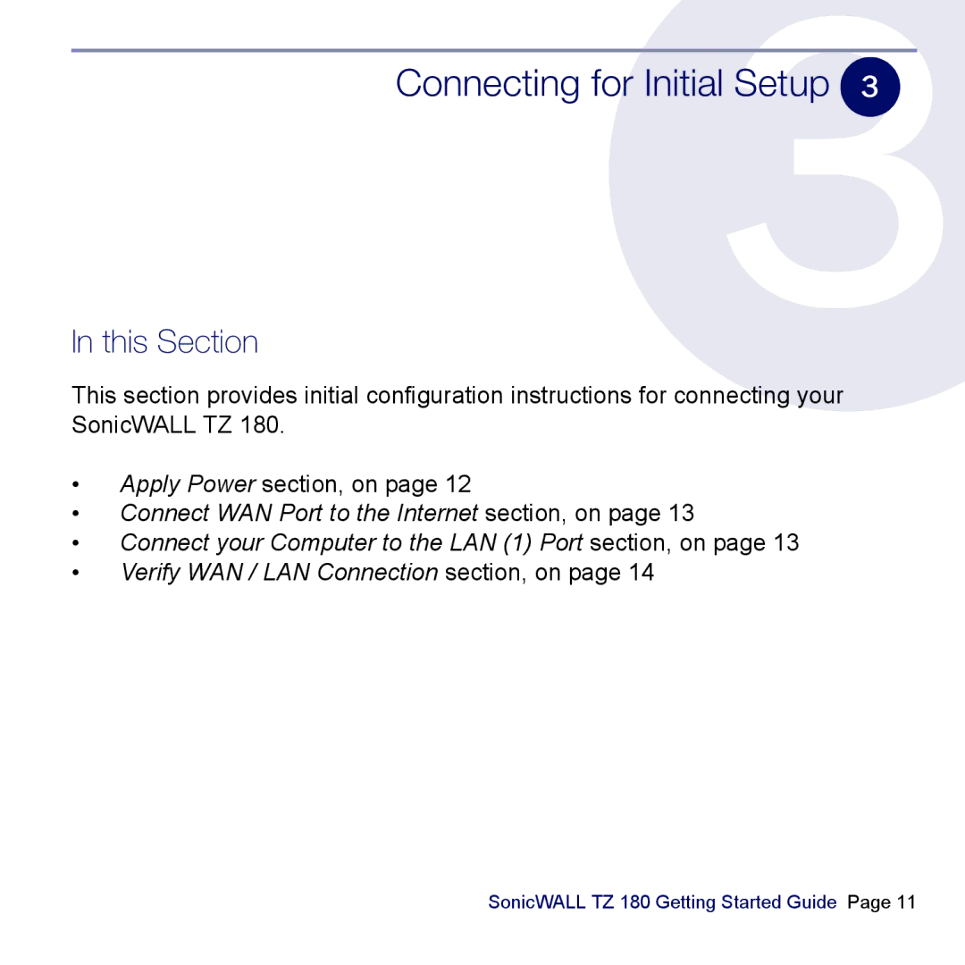 SonicWALL TZ 180 manual Connecting for Initial Setup 