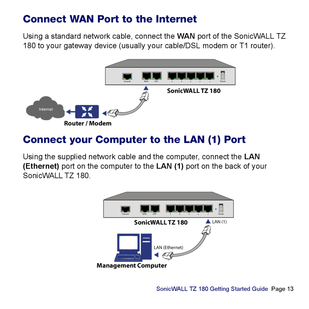 SonicWALL TZ 180 manual Connect WAN Port to the Internet, Connect your Computer to the LAN 1 Port 