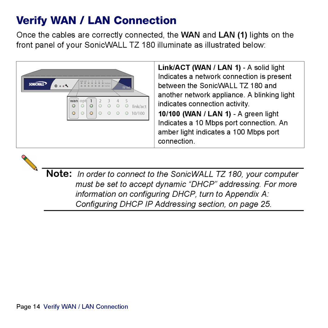 SonicWALL TZ 180 manual Verify WAN / LAN Connection 