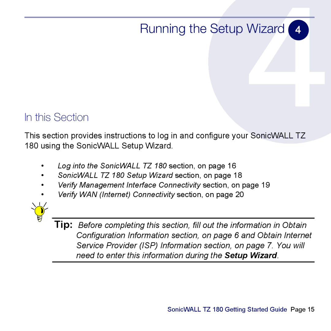 SonicWALL TZ 180 manual Running the Setup Wizard, This Section 