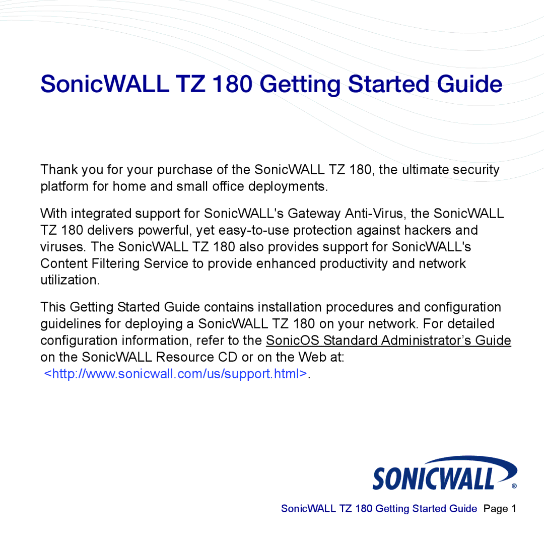 SonicWALL manual SonicWALL TZ 180 Getting Started Guide 