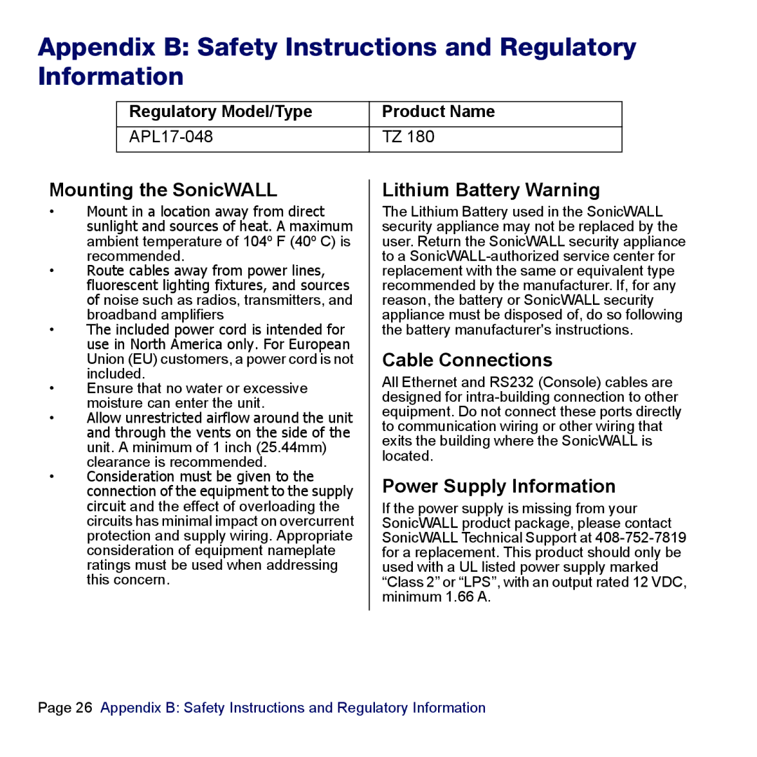 SonicWALL TZ 180 Appendix B Safety Instructions and Regulatory Information, Mounting the SonicWALL, Cable Connections 