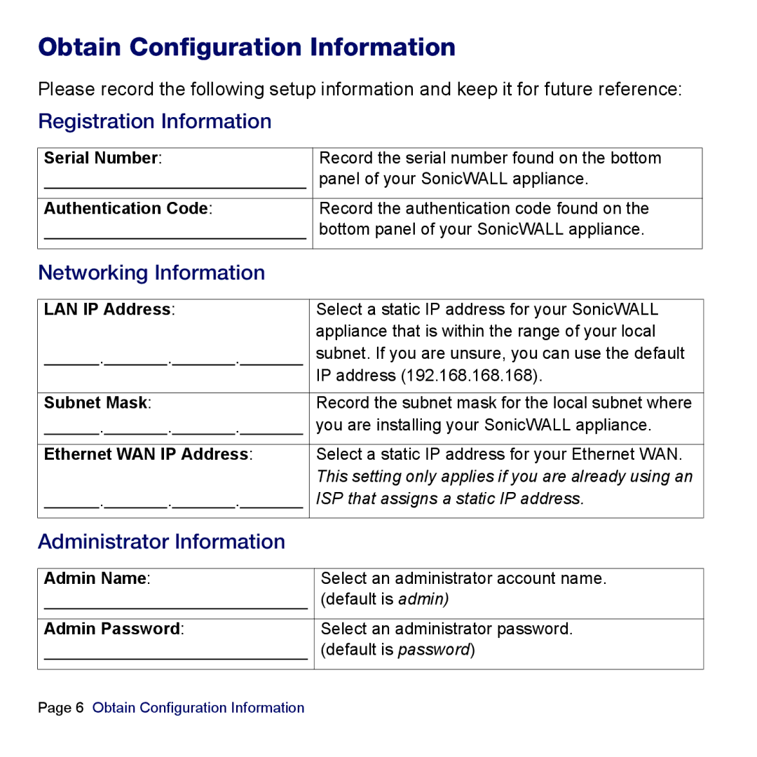 SonicWALL TZ 180 manual Obtain Configuration Information, Networking Information 