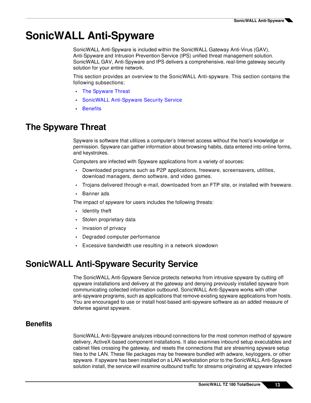 SonicWALL TZ 180 manual Spyware Threat, SonicWALL Anti-Spyware Security Service 