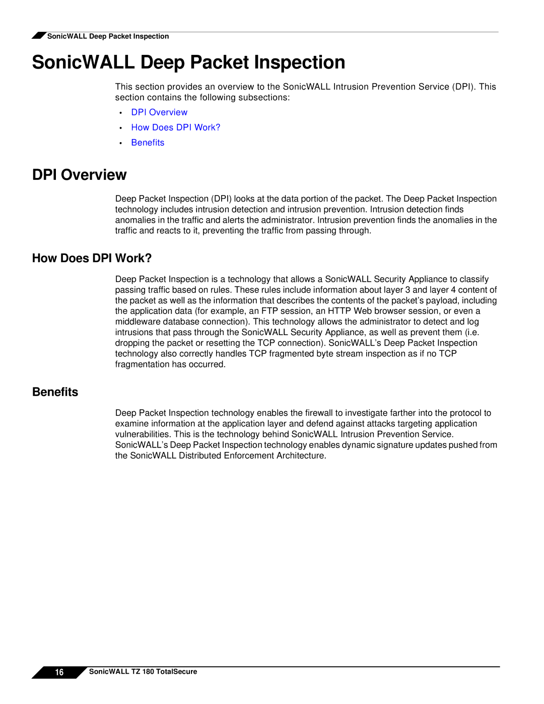 SonicWALL TZ 180 manual SonicWALL Deep Packet Inspection, DPI Overview, How Does DPI Work? 