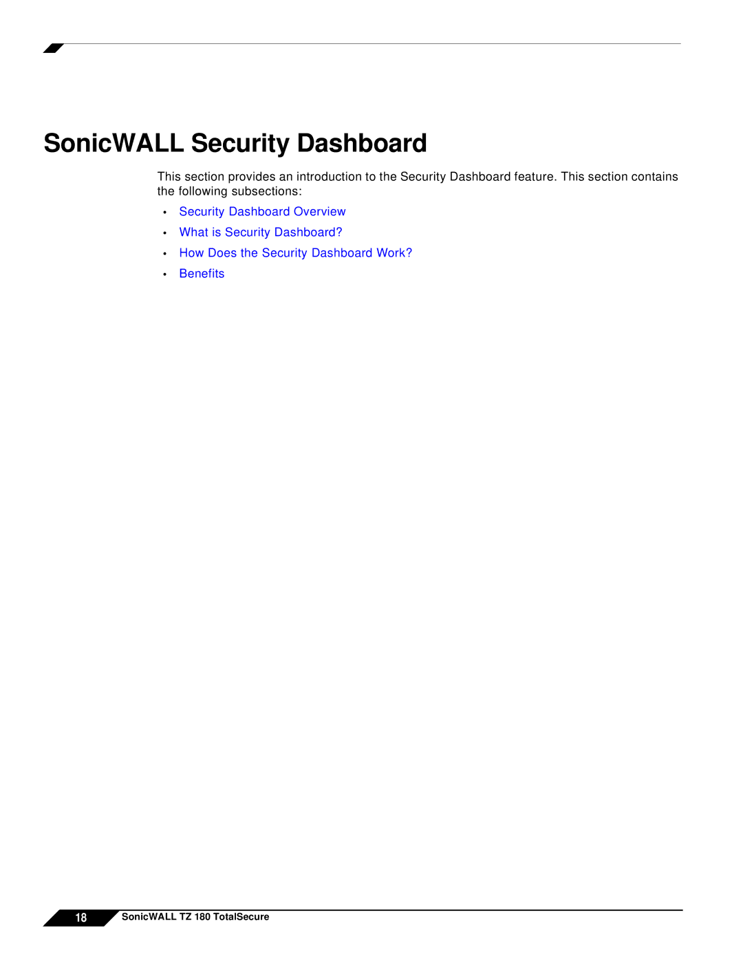 SonicWALL TZ 180 manual SonicWALL Security Dashboard 