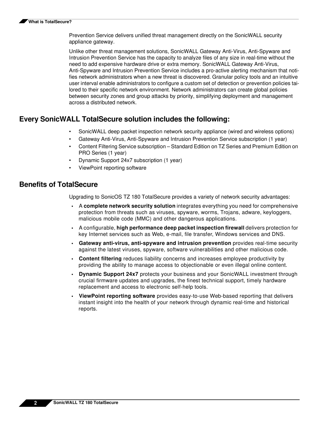 SonicWALL TZ 180 manual Every SonicWALL TotalSecure solution includes the following, Benefits of TotalSecure 