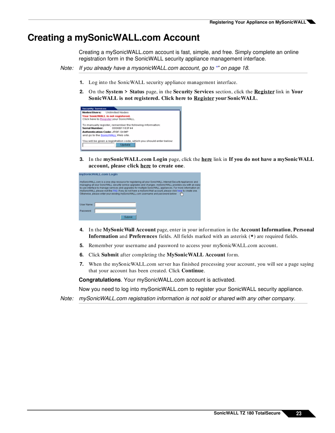 SonicWALL TZ 180 manual Registering Your Appliance on MySonicWALL 