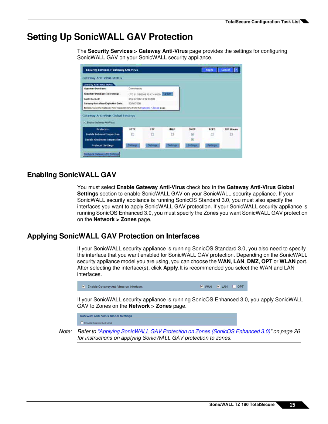 SonicWALL TZ 180 manual Setting Up SonicWALL GAV Protection, Enabling SonicWALL GAV 