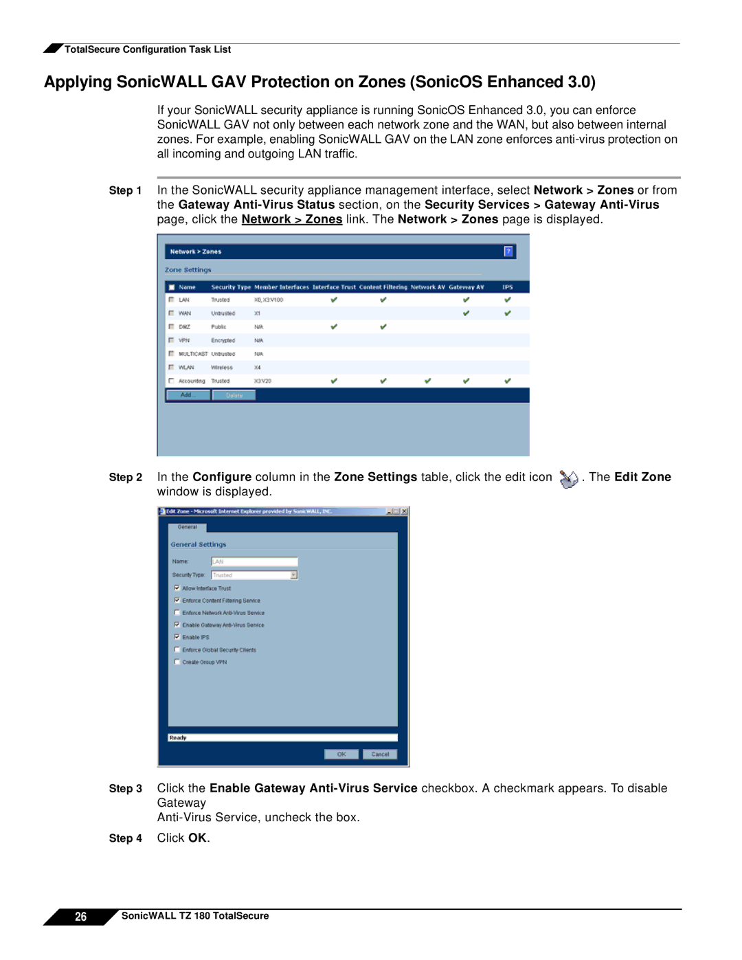 SonicWALL TZ 180 manual Applying SonicWALL GAV Protection on Zones SonicOS Enhanced, Edit Zone 