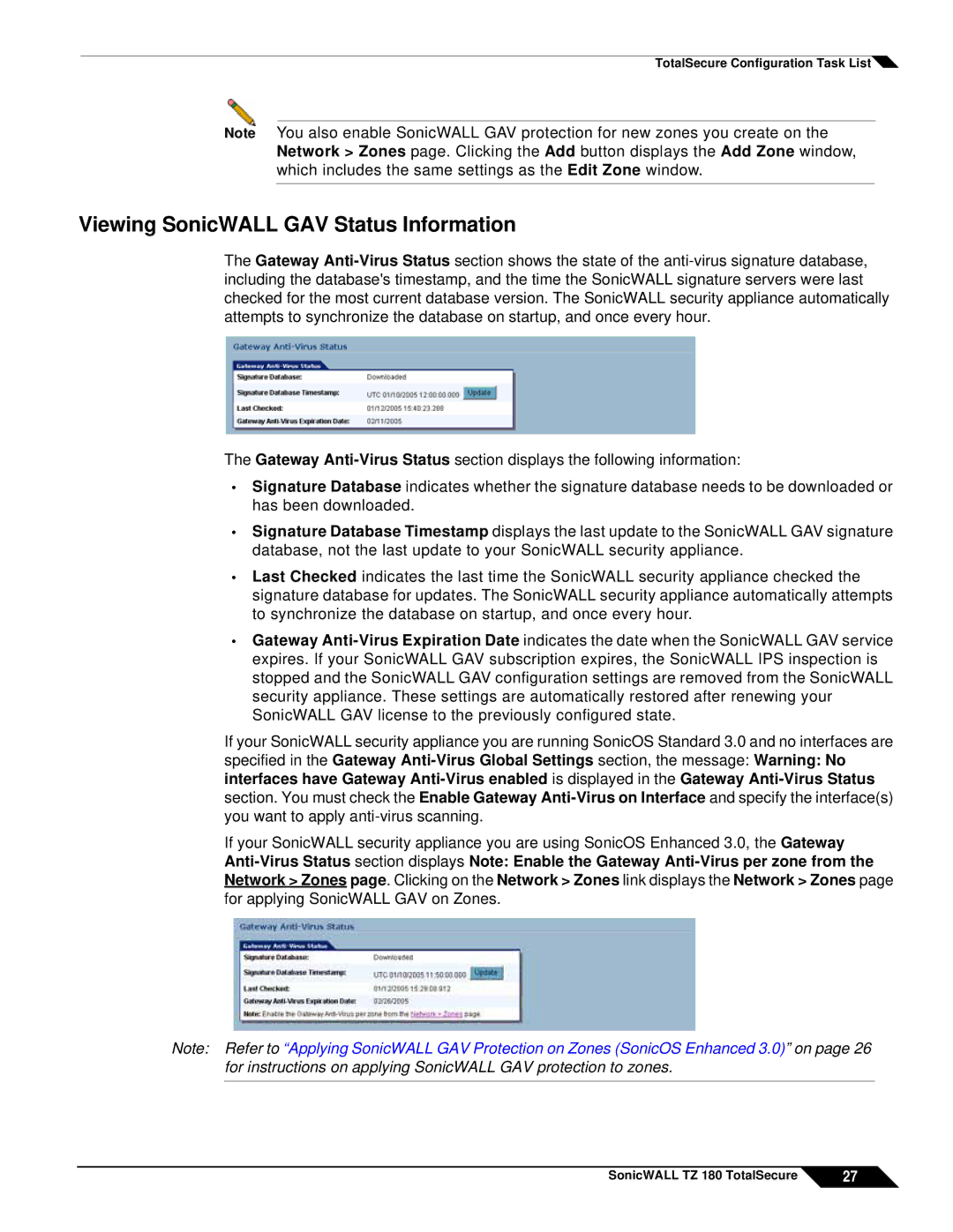 SonicWALL TZ 180 manual Viewing SonicWALL GAV Status Information 