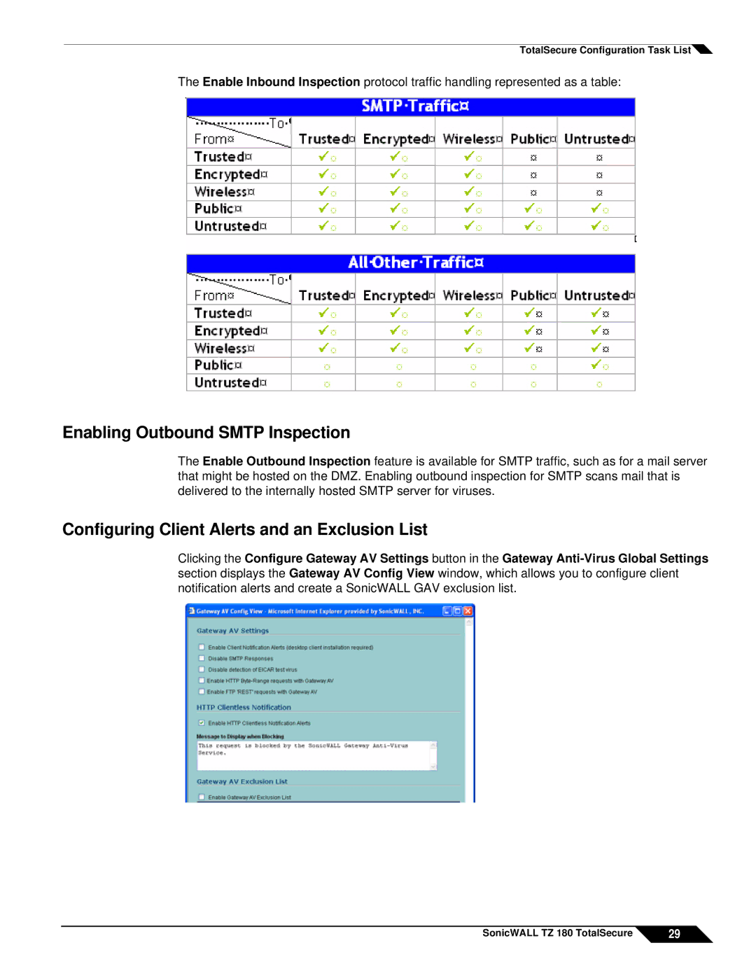 SonicWALL TZ 180 manual Enabling Outbound Smtp Inspection, Configuring Client Alerts and an Exclusion List 