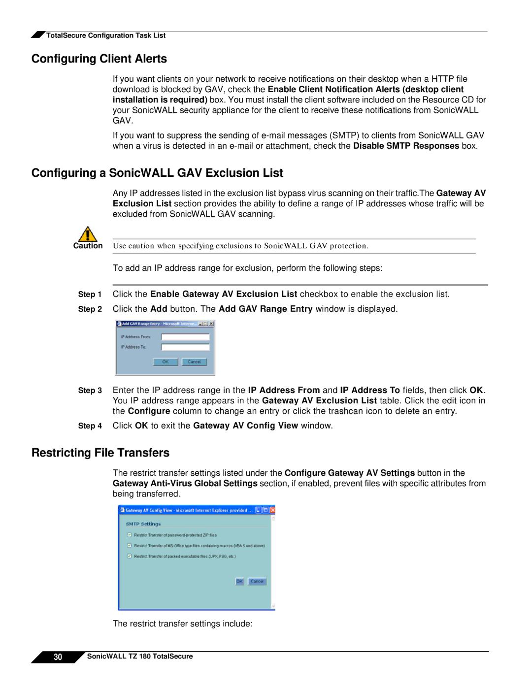 SonicWALL TZ 180 manual Configuring Client Alerts, Configuring a SonicWALL GAV Exclusion List, Restricting File Transfers 