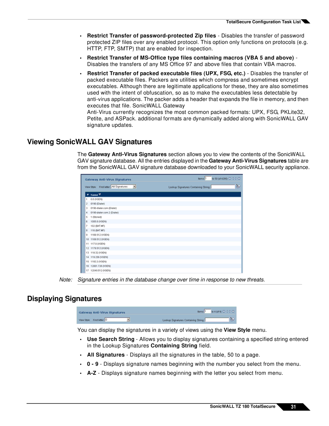 SonicWALL TZ 180 manual Viewing SonicWALL GAV Signatures, Displaying Signatures 