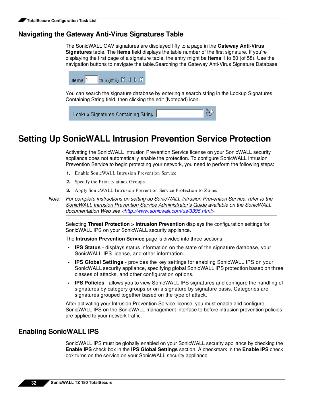 SonicWALL TZ 180 manual Navigating the Gateway Anti-Virus Signatures Table, Enabling SonicWALL IPS 