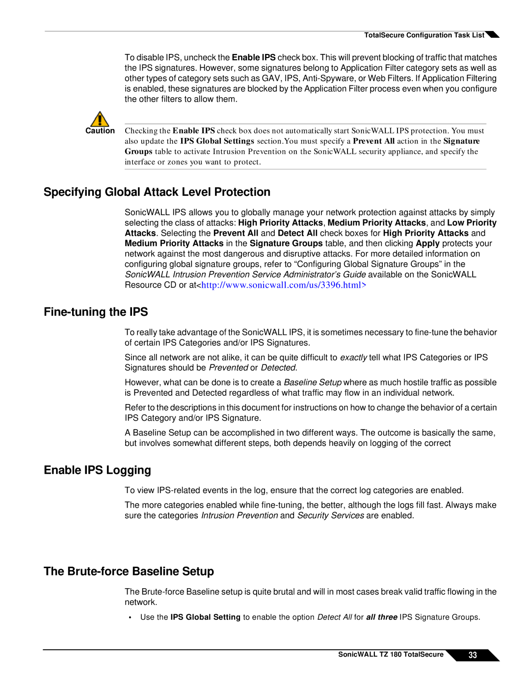 SonicWALL TZ 180 manual Enable IPS Logging, Brute-force Baseline Setup 