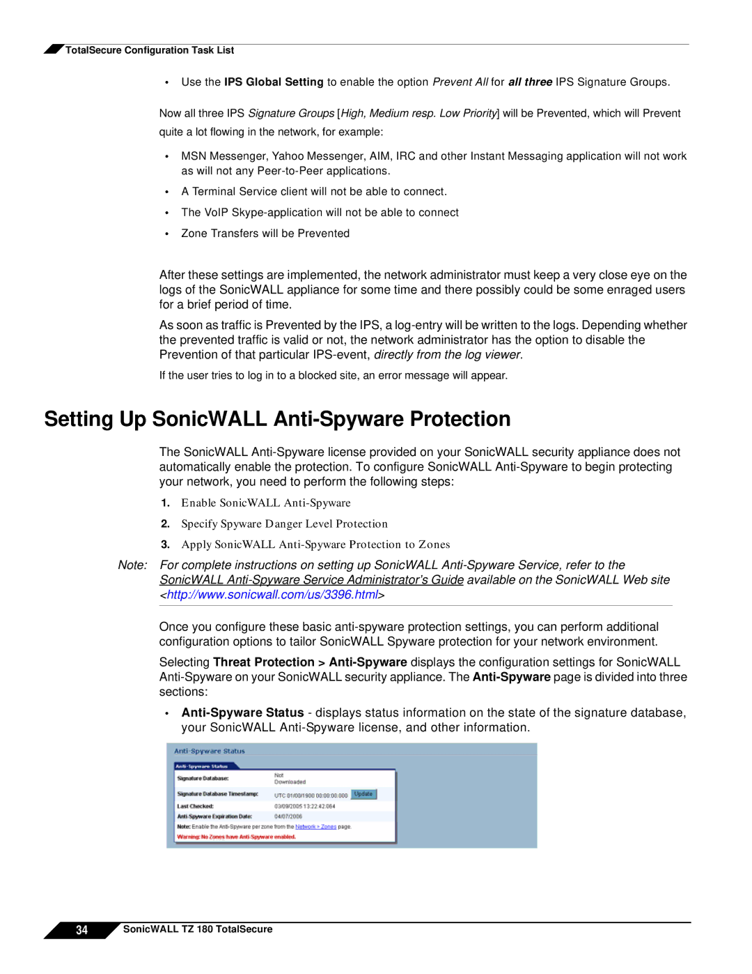 SonicWALL TZ 180 manual Setting Up SonicWALL Anti-Spyware Protection 