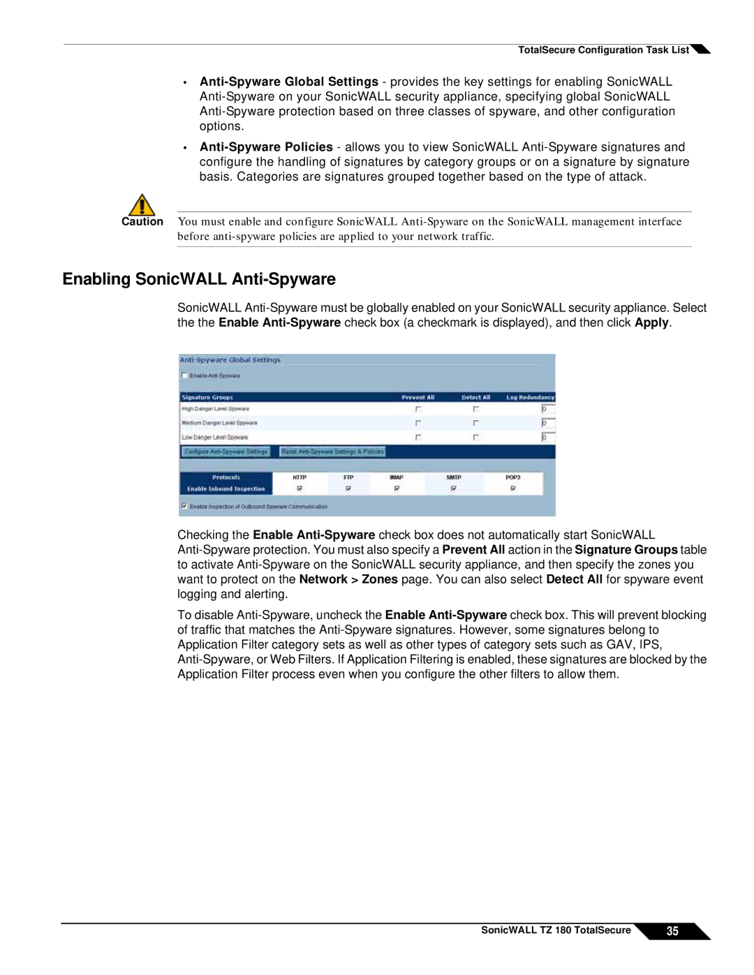 SonicWALL TZ 180 manual Enabling SonicWALL Anti-Spyware 