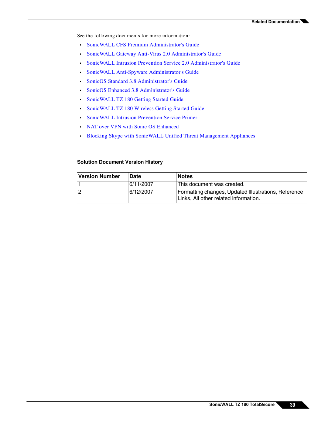 SonicWALL TZ 180 manual Solution Document Version History Version Number Date 