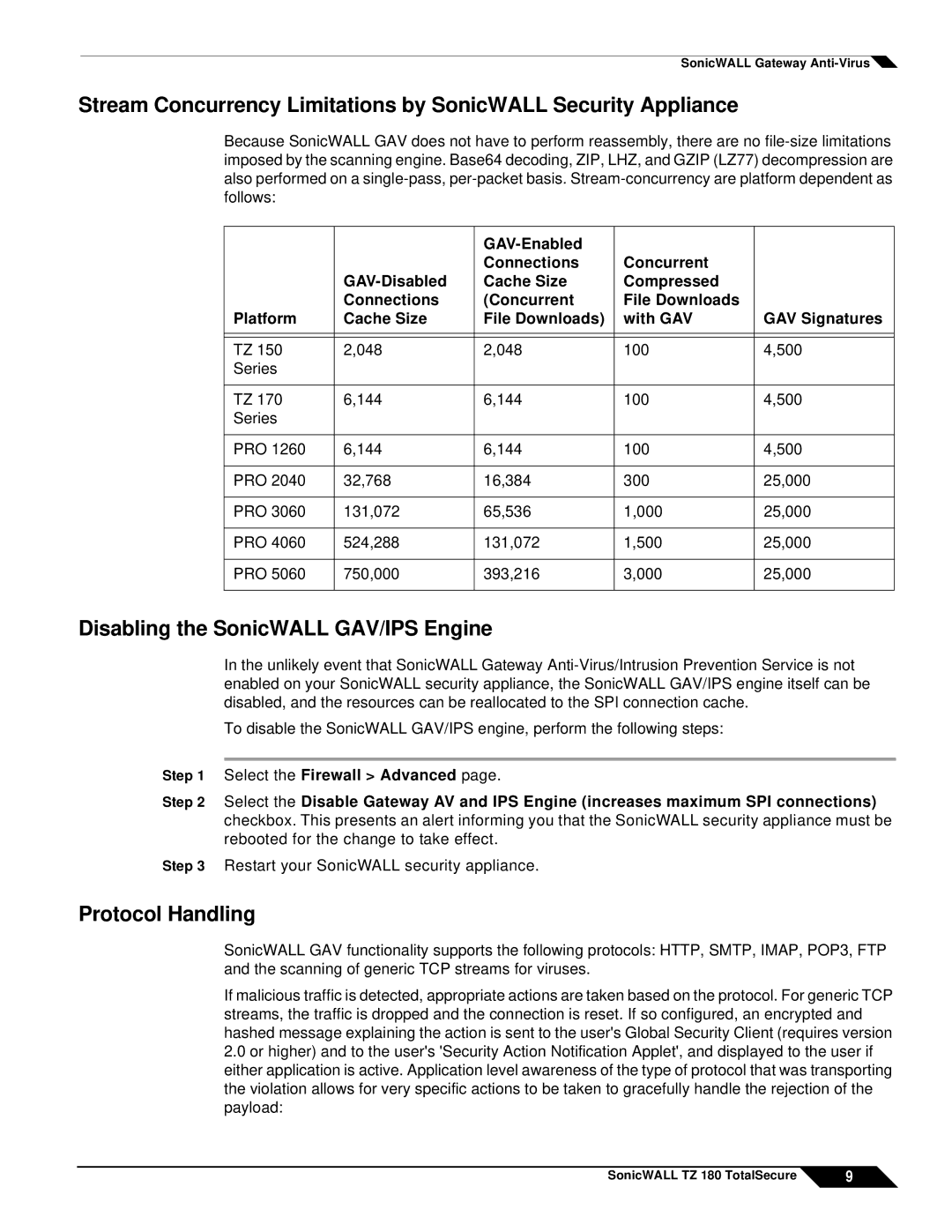 SonicWALL TZ 180 manual Disabling the SonicWALL GAV/IPS Engine, Protocol Handling 