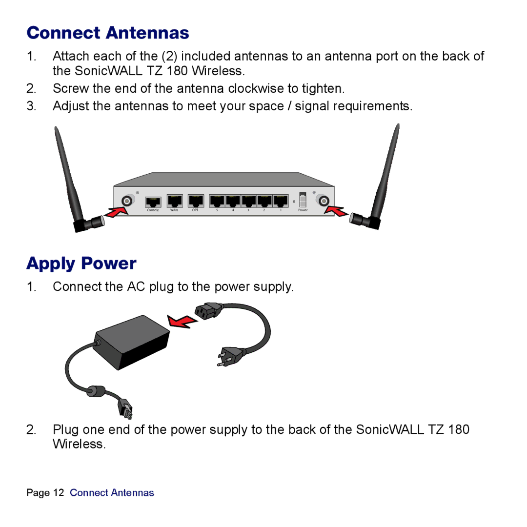 SonicWALL TZ 180 manual Connect Antennas, Apply Power 