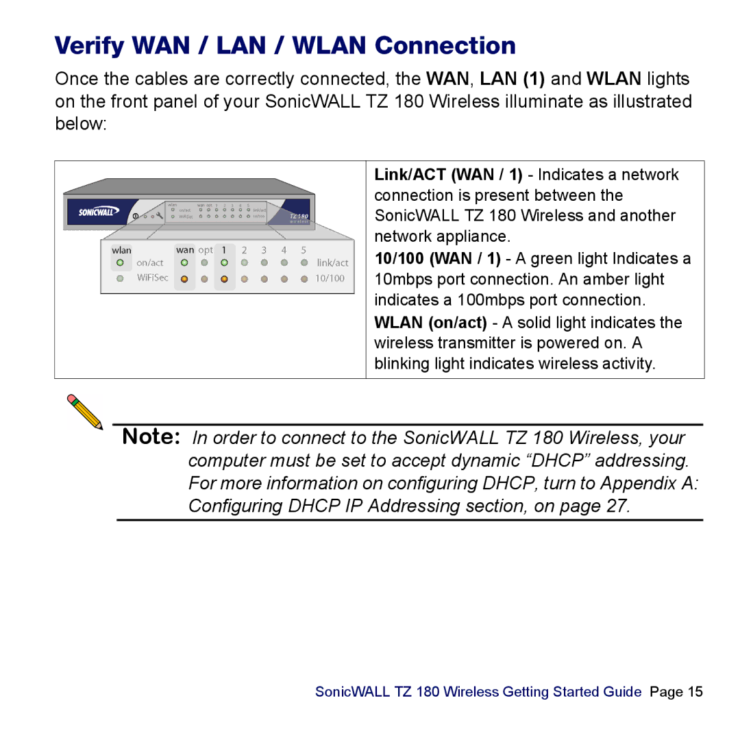 SonicWALL TZ 180 manual Verify WAN / LAN / Wlan Connection 