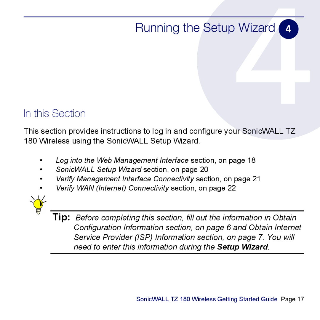 SonicWALL TZ 180 manual Running the Setup Wizard, This Section 