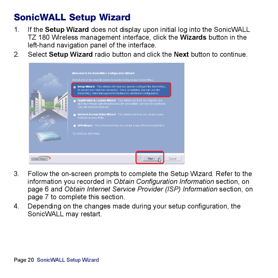 SonicWALL TZ 180 manual SonicWALL Setup Wizard 