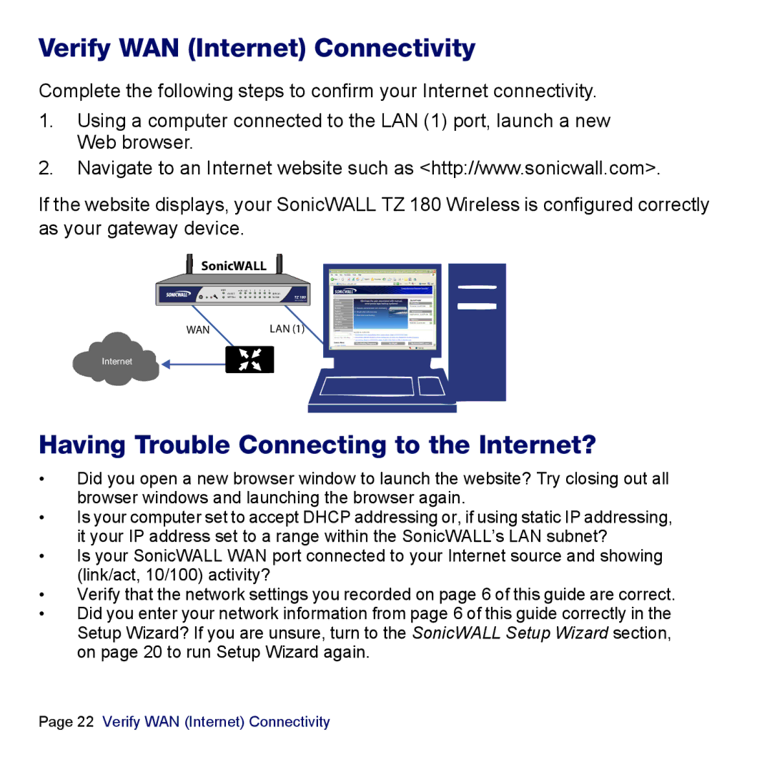 SonicWALL TZ 180 manual Verify WAN Internet Connectivity, Having Trouble Connecting to the Internet? 